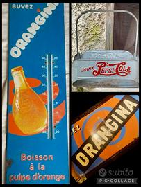 Termometro e Insegna Orangina e cassetta Pepsi