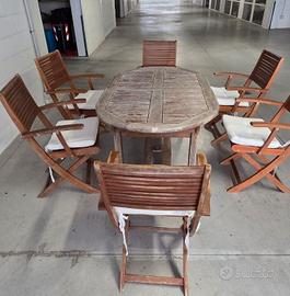 Tavolo legno da giardino + sedie + cuscini