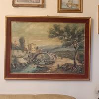 QUADRO OLIO SU TELA BORGO C/FIUME  E PONTE ANNI 60
