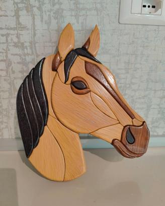 Cavallo in Legno Intarsiato a Mano Intarsia Art