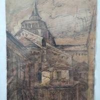 Bergamo. Città Alta. Disegno a china . Firma Volpi