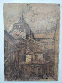 Bergamo. Città Alta. Disegno a china . Firma Volpi