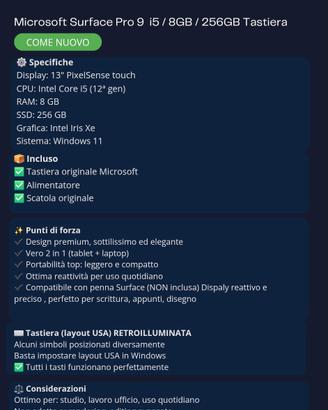 Microsoft SURFACE PRO 9, 13" Intel Core i5 8/256