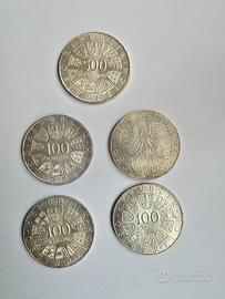 Lotto di 5 monete 500 e 100 scellini Austria
