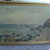 Quadro depoca olio su tela vista mare e spiaggia