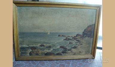 Quadro depoca olio su tela vista mare e spiaggia