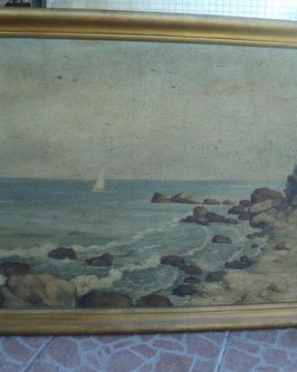 Quadro depoca olio su tela vista mare e spiaggia