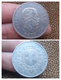 Argento 5 lire 1875 Moneta Regno d'Italia