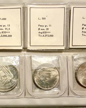 3 Monete d’argento 1000lire e due 500 lire