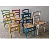 Set 6 sedie in legno colorate con seduta in paglia