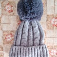 Cappello di lana con ponpon, grigio, bambina