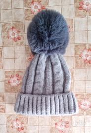 Cappello di lana con ponpon, grigio, bambina