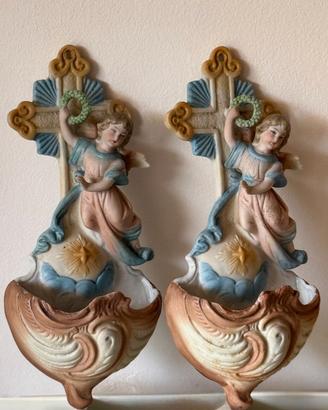Coppia Acquasantiere Vintage Porcellana Biscuit