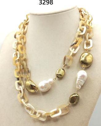 Collana CORNO naturale, PERLE scaramazze e ottone