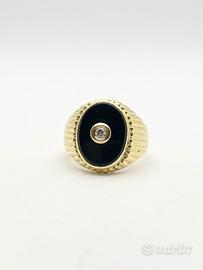 Anello oro 18KT diamante e onice, epoca 1950