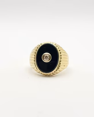 Anello oro 18KT diamante e onice, epoca 1950