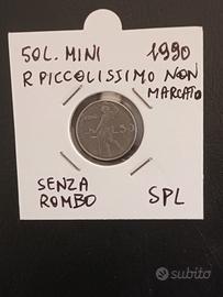 Moneta 50 Lire Mini 1990 senza rombo R non marcata