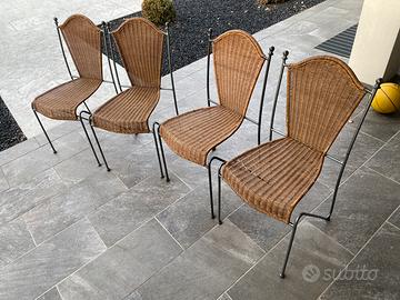 4 sedie in ferro battuto e vimini, vestite
