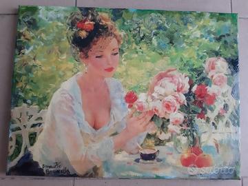 Dipinto olio su tela 40 x 30 x 2  INES CON LE ROSE