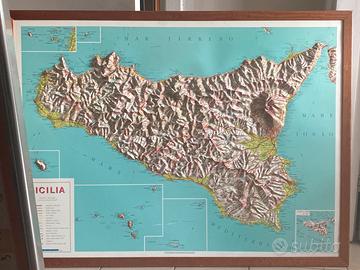 Cartina geografica 3D rilievo Sicilia con Cornice