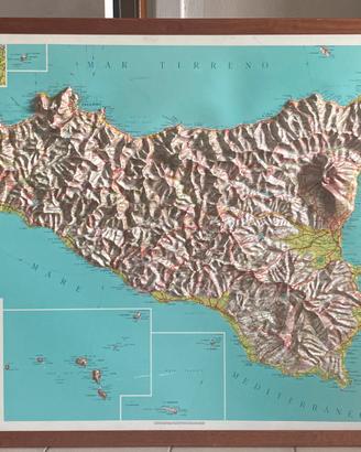 Cartina geografica 3D rilievo Sicilia con Cornice