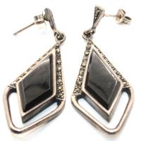 Eleganti orecchini antichi argento marcasite onice