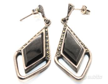 Eleganti orecchini antichi argento marcasite onice