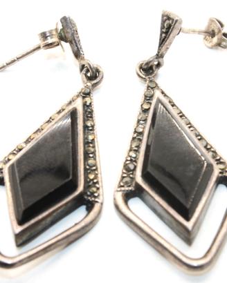 Eleganti orecchini antichi argento marcasite onice