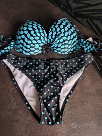 Bikini push-up imbottito a pois nero e turchese