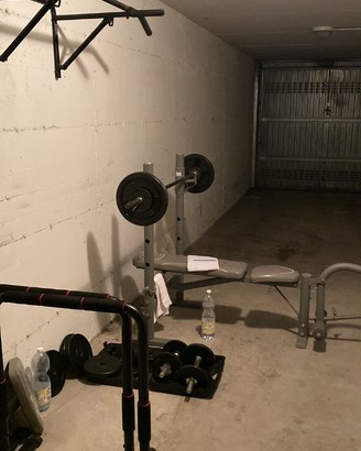 Panca con bilanciere, manubri e dischi