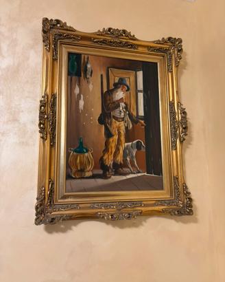 Dipinto Olio su Tela - Cacciatore con Cane