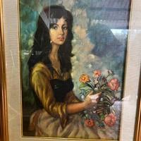 Olio su tela ritratto femminile con fiori