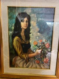 Olio su tela ritratto femminile con fiori
