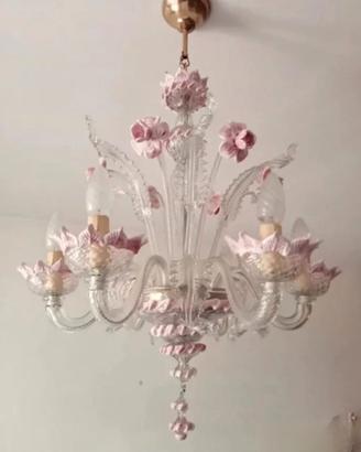 Lampadario Classico in Vetro di Murano rosa 