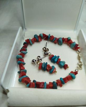 bracciale e orecchini corallo e turchese 