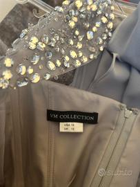 Abito elegante lungo grigio argento con strass