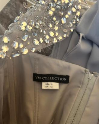 Abito elegante lungo grigio argento con strass