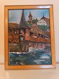 “Quadro olio su tela vintage 1959  Veduta Lucerna"