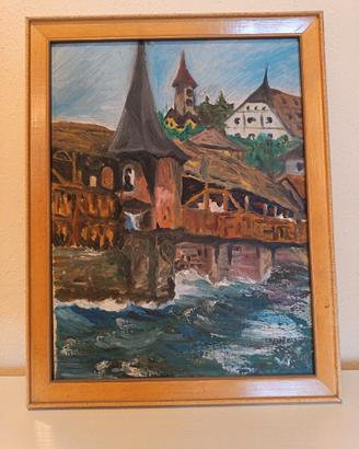 “Quadro olio su tela vintage 1959  Veduta Lucerna"