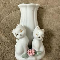 Vasetto vintage in  ceramica 2 gattine con rosa