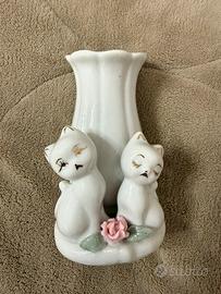 Vasetto vintage in  ceramica 2 gattine con rosa
