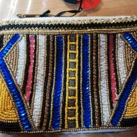 Pochette con perline, blu e multicolor, nuova