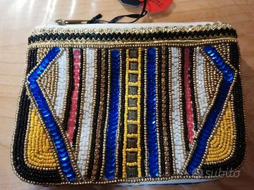 Pochette con perline, blu e multicolor, nuova