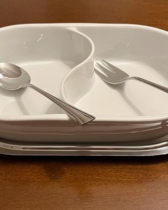 Pirofila ovale in ceramica con vassoio in acciaio