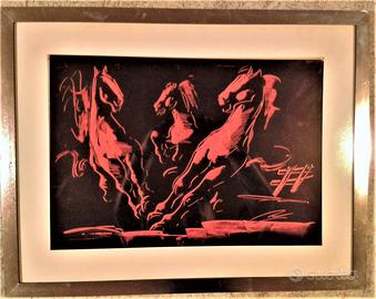 Quadro Cavalli vintage anni 70 con cornice epoca