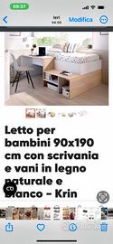 Letto per bambini 90x190 cm in legno naturale e bianco con scrivania e vani  - Krin