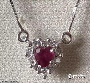 COLLANA CUORE ORO 18kt. DIAMANTI E RUBINO NATURALI