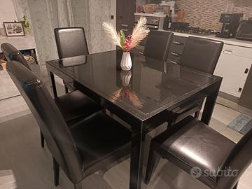 tavolo allungabile nero in vetro/metallo + 6 sedie