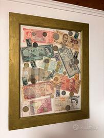 Quadro con banconote, francobolli e monete antiche