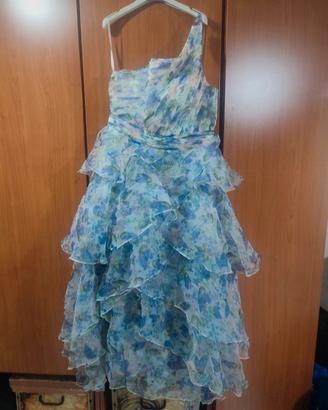 Abito Elegante con Balze, Fantasia Floreale e Scol